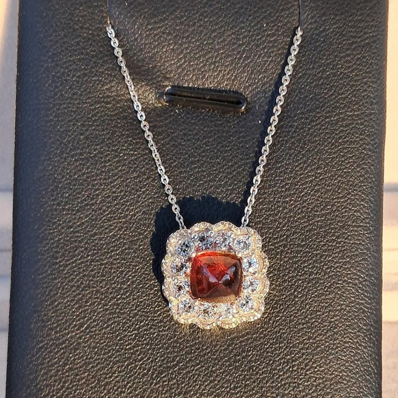 Cherry Citrine & Natural White Zircon Halo Pendant Necklace - Picture 6 of 7